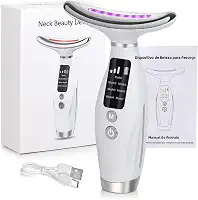 Massageador Facial LED 7 Cores, Dispositivo de Beleza para Pescoço com Fototerapia, 7 Modos de Massagem, Recarregável USB-C, Display LED (Branco)