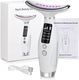 Massageador Facial LED 7 Cores, Dispositivo de Beleza para Pescoço com Fototerapia, 7 Modos de Massagem, Recarregável USB-C, Display LED (Branco)