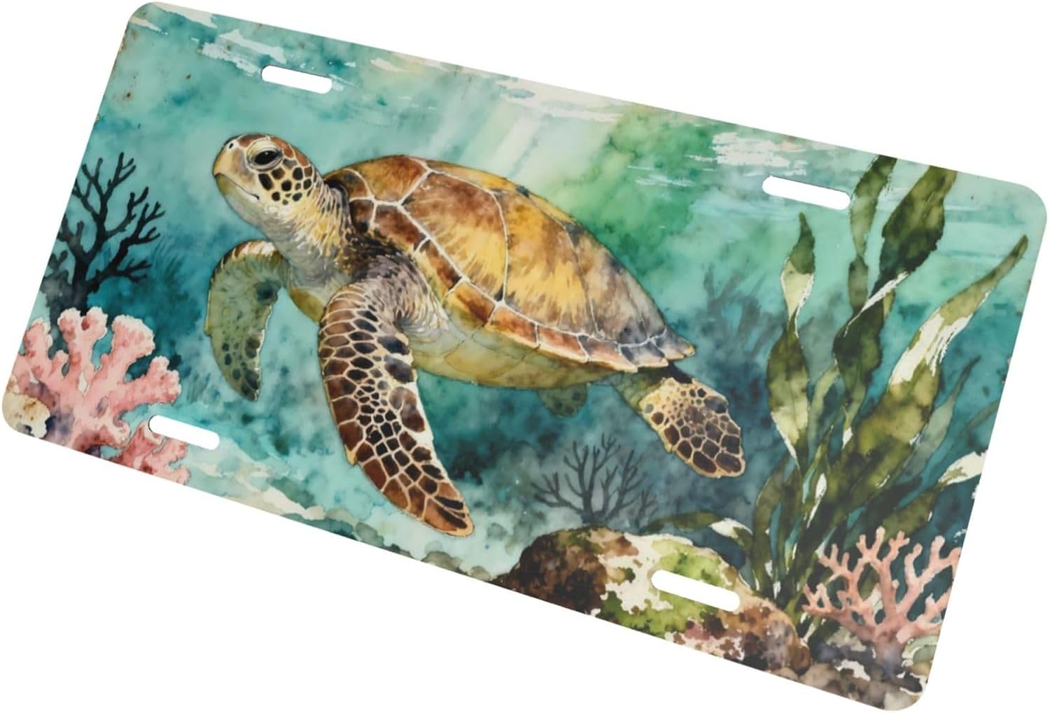 Sea Turtle Coral Seaweed Seabed Front License Plate Car Decorative License Plates Aluminum Metal Decor Accessory Novelty Vanity Tag Cover with 4 Holes for Men Women 6" X 12"