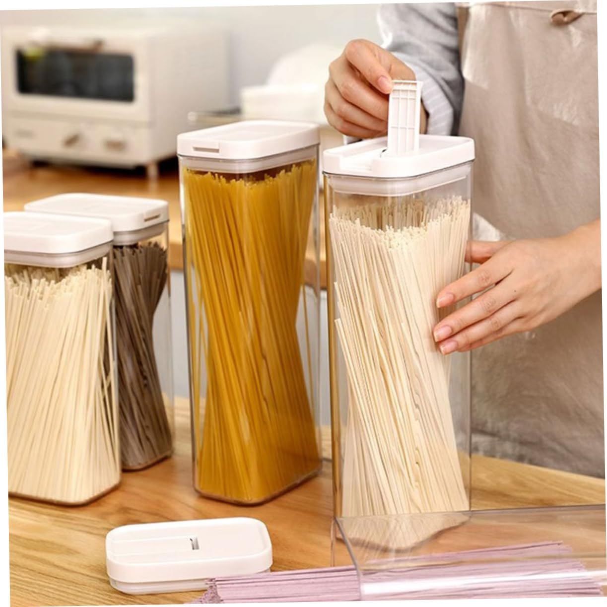 Garneck 4pcs Pasta Storage Container Sealed Canister Design for Pantry Organization Food Storage Jar for Noodles Spaghetti Rice