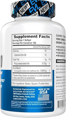 Miniatura 8 de Evlution Píldoras CLA de ácido linoleico conjugado, píldoras de dieta CLA de 1000 mg para apoyar la pérdida de peso, quema de grasa, músculo magro y