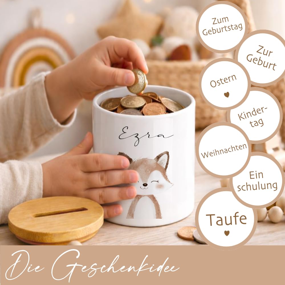 Manufaktur Liebevoll - Personalisierte Spardose für Kinder aus Keramik mit Bambusdeckel Kinder Spardose mit Name Geschenk zur Geburt Taufe & Geburtstag (Eichhörnchen)