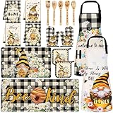 Bencailor 17 Pcs Bee Gnome Kitchen Sets Gnome Kitchen Rug and Mat Oven Mitts and Pot Holders Apron Dish Towels Cute Wooden Spoons for Holiday Decoration Home Housewarming Gifts