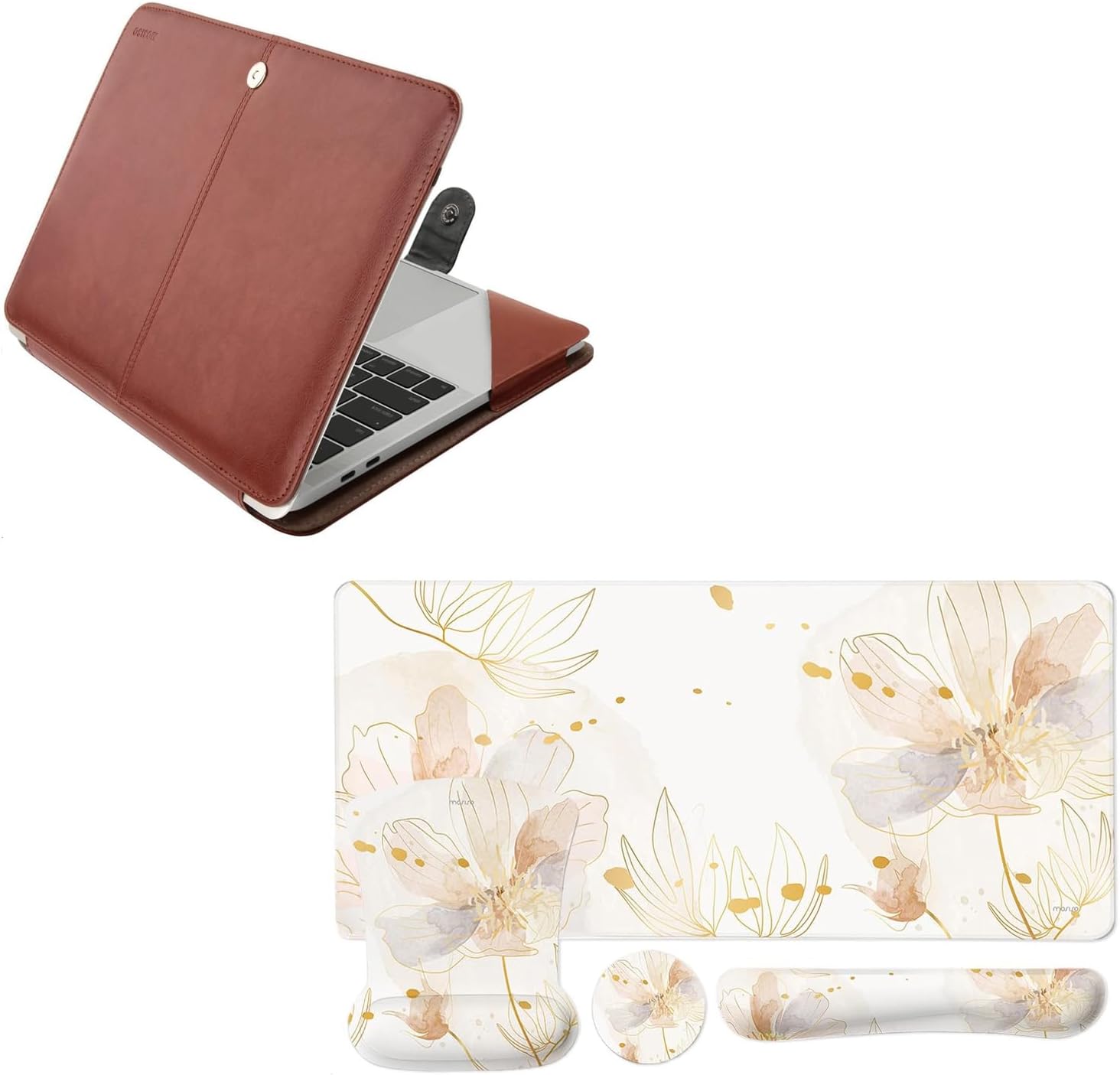MOSISO Case Compatible with MacBook Air 13 inch M3 M2 M1/Pro 13 M2 M1,Ink Petals Mouse Pad&Keyboard Wrist Rest&Mouse Pad Wrist Rest&Coaster&PU Leather Portfolio Protective Stand Cover, Brown&Orange