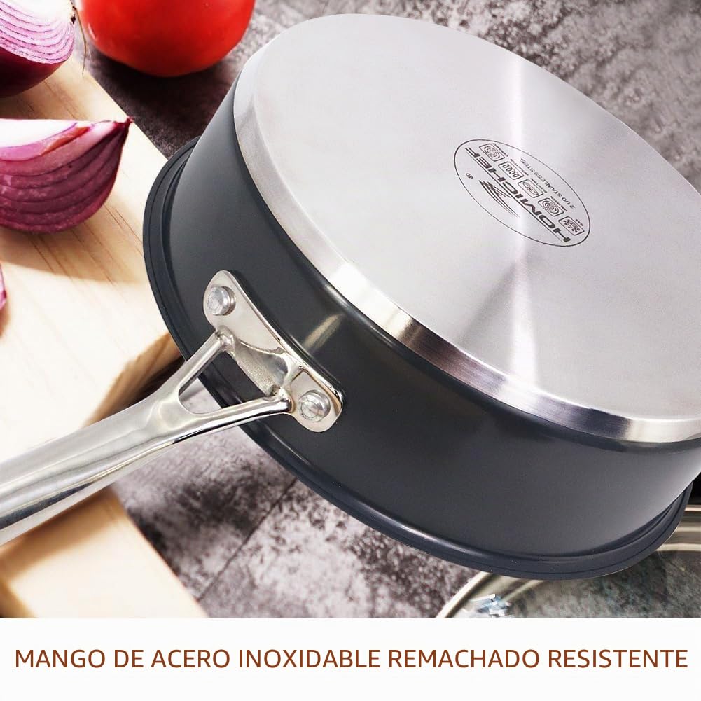 HOMICHEF sartén para saltear de acero inoxidable sin níquel de color gris marino de 24 cm con tapa apta para inducción y horno - Sartén pulida mate premium no tóxica de 2,36 L con tapa de vidrio