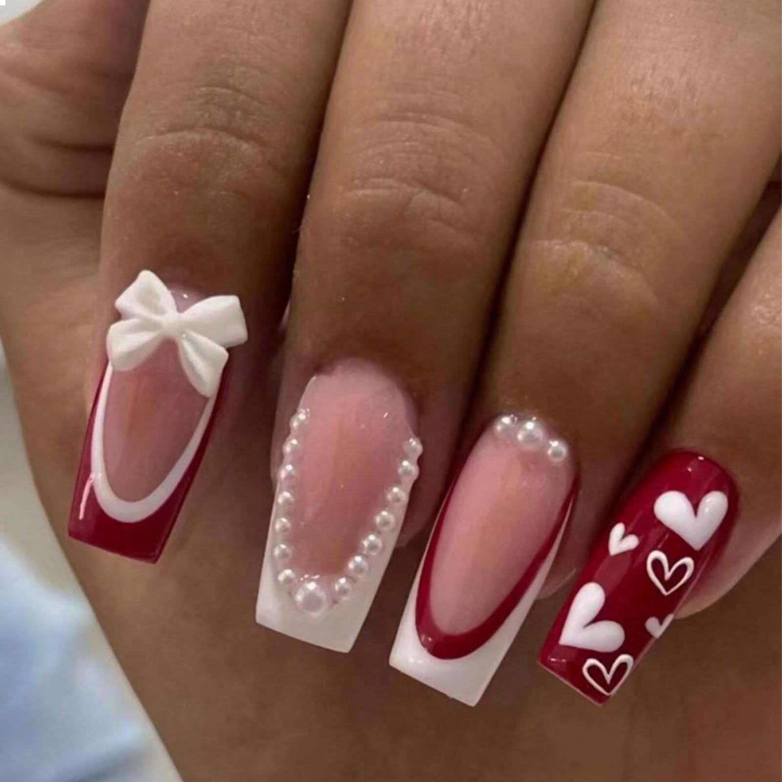 GlamRays 24 Stück French Tip Press on Nails Mit Charms Mittelgroße Falsche Nägel Rot Weiße Französische Nägel Nagelpress-Ons Liebenswerte Schleife Akrylnägel Herz Nägel