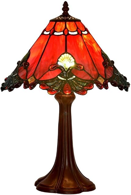 Bieye L30021US Baroque Tiffany Style Stained Glass Table Lamp Night Light with 13 Inches Wide Handmade Lamp Shade Zinc Base for Bedside Bedroom Living Room Coffee Table, Red, 19-inch Tall