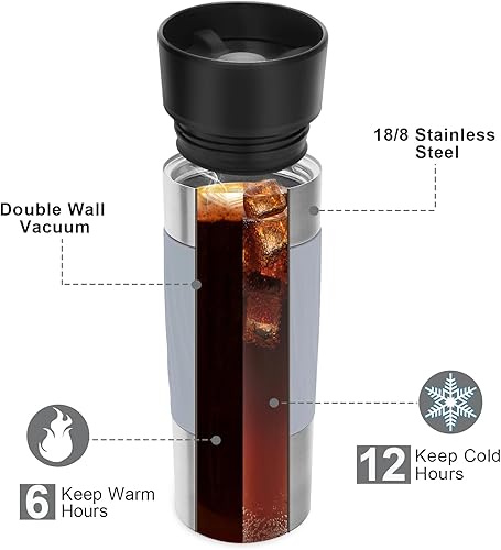 Miniatura 6 de Taza de café de viaje con tapa de 360, vaso de café de viaje de 16 onzas, a prueba de fugas, tazas de viaje con aislamiento de acero inoxidable para
