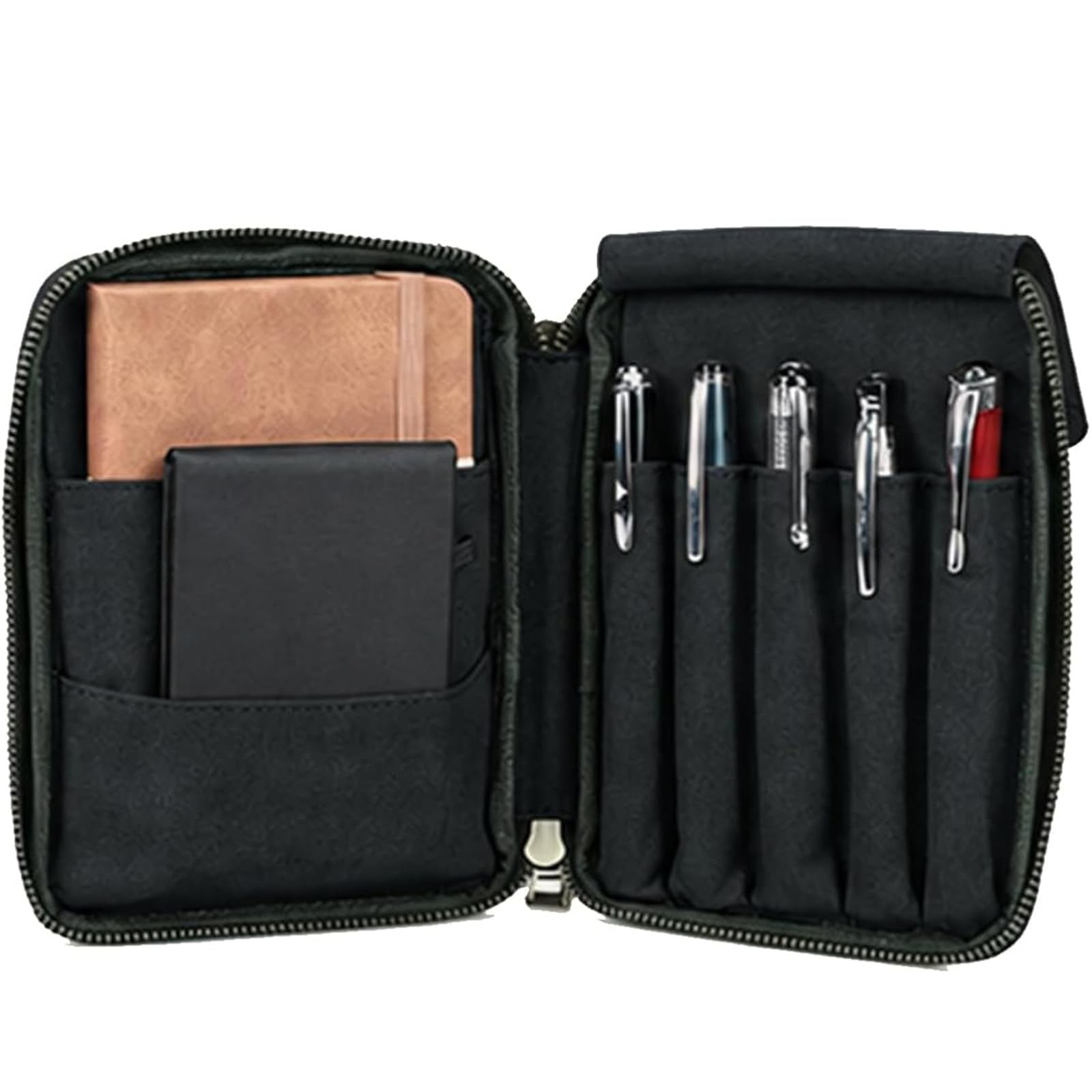 CONTACTS Fullgrain Leather 5 Pens Case Travel Organiser with A6 Journal Pocket Clutch,2 Notebook Pouch,Large Fountain Pen Holder,Vintage Soft Suede Interior,Removable Wrist Strap — image 1