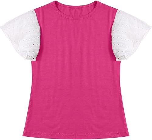 Girls Eyelet Lace Ruffled Sleeve T-Shirt Color Block Tunic Blouse Crewneck Tops for Tween Girls Cute Tees Summer T-Shirt(Hot Pink,9-10 Years)