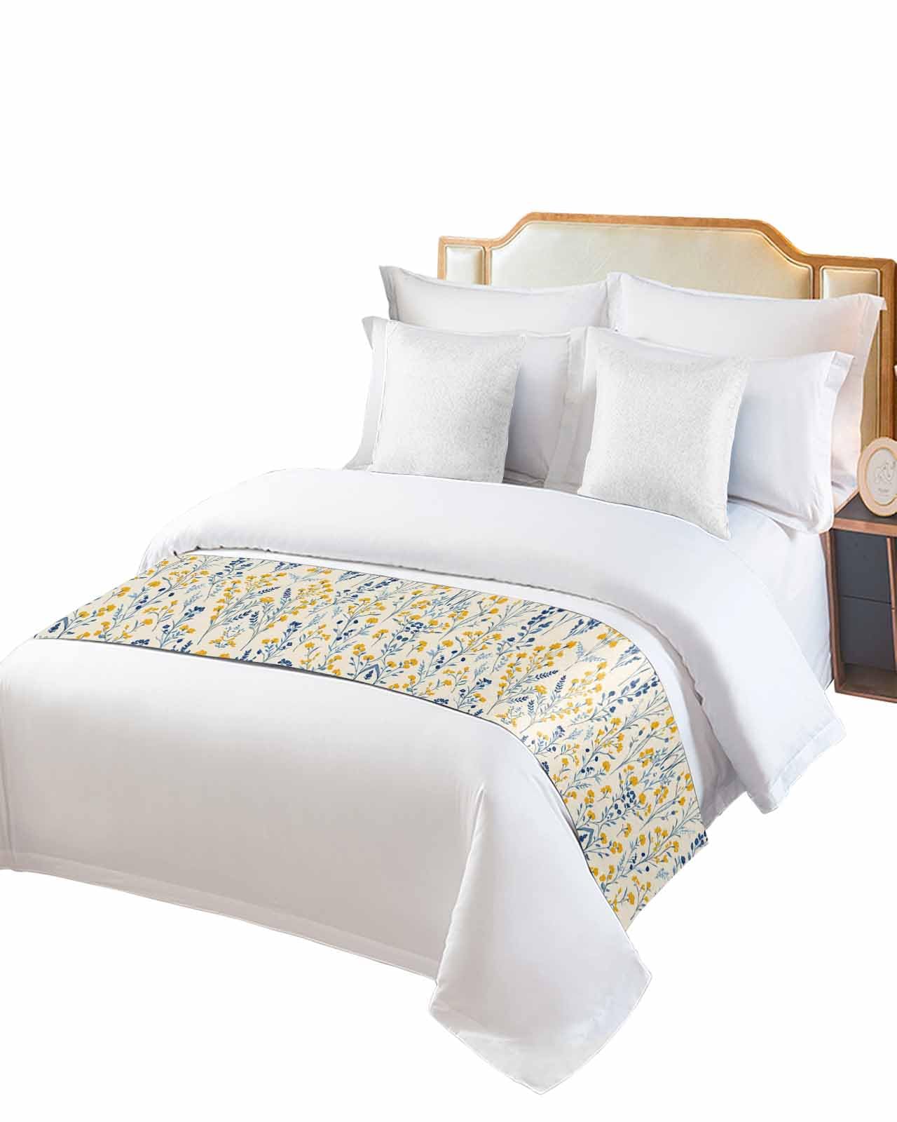 Blue Yellow Spring Floral Bed Runner for Full/Queen Size, Summer Blooms Botanicals Bedspread Protector Slipcover Bed Scarf for Foot Runners & Scarves for Bedroom Hotel Wedding Room 83x20 Inches