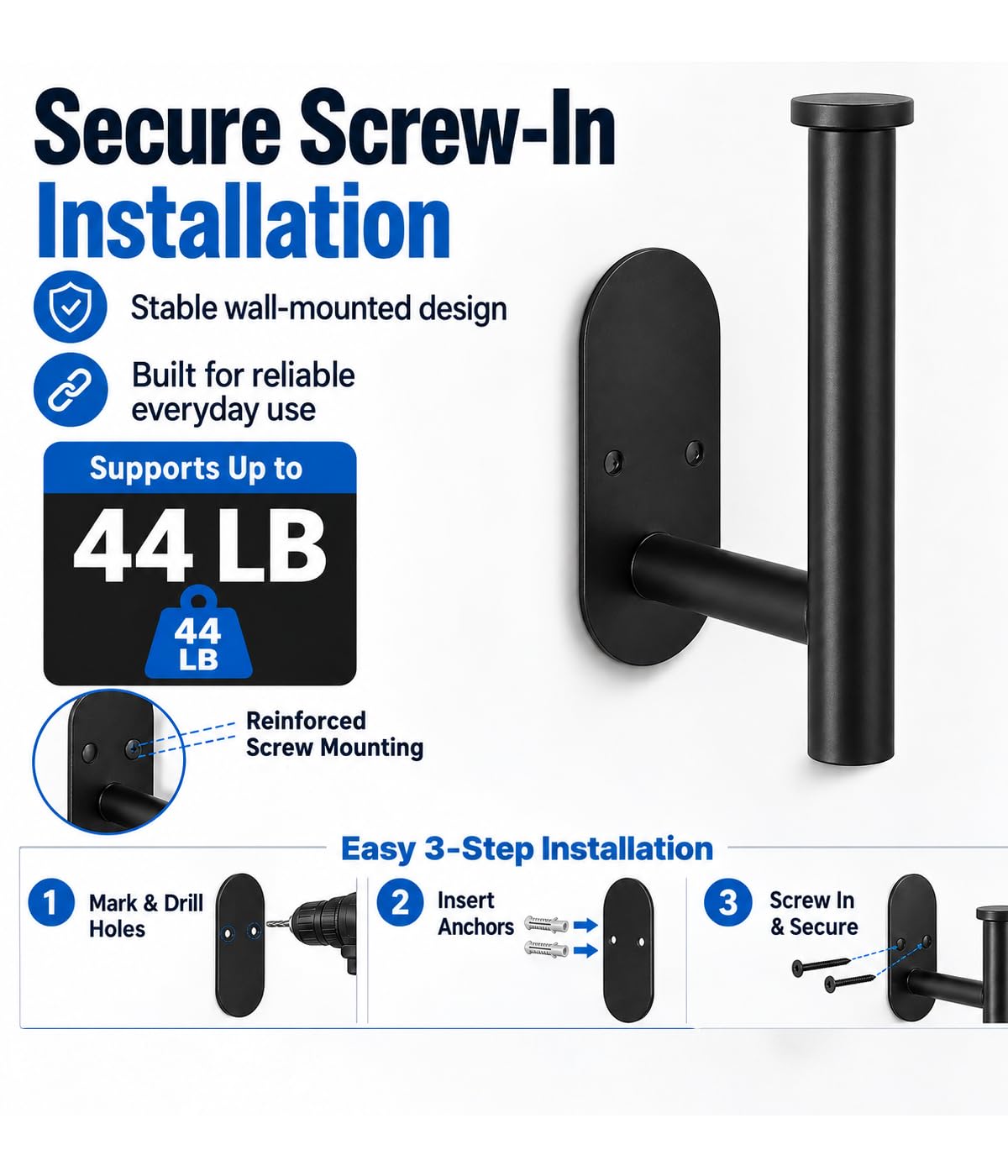 2Pcs Black Toilet Paper Holder Wall Mount For Bathroom, Heavy-Duty Screw-In Rv Toilet Roll Holder, SUS304 Rustproof Stainless Steel Rust Proof, Suitable For Kitchen Washroom Thicken Morden Matte Black — Amazon image 3