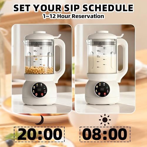 7-in-1 Automatic Nut Milk Maker, 40oz Soymilk Maker, 12 Blades, 12-Hour Timer/Auto Clean/Keep Warm/Boil/Low Noise, Make Homemade Almond, Oat, Soy, Coconut and Non-Dairy Beverages (White)