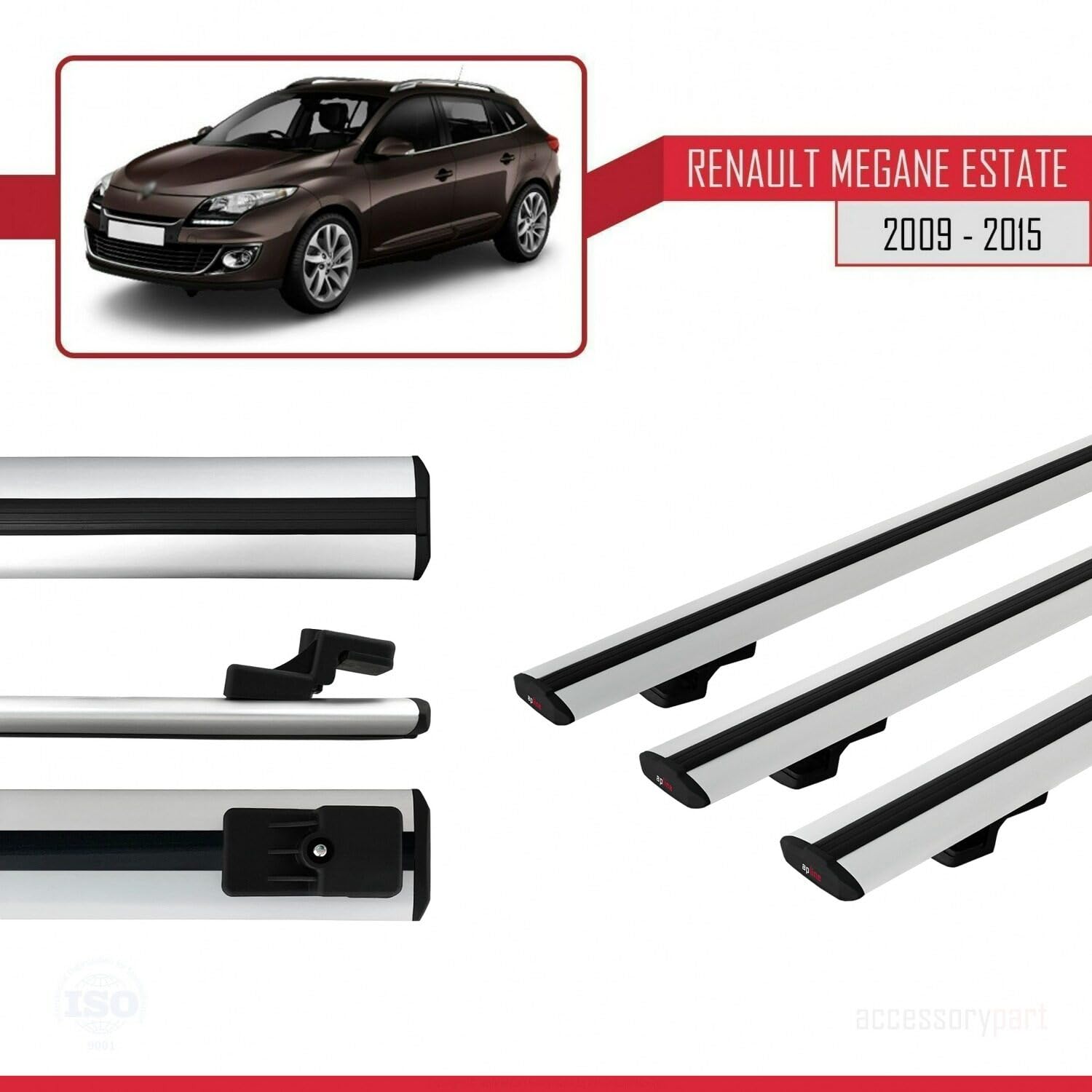 Kompatybilny z Compatible with Renault Megane 3 ST 2009-2015 BASIC Model Aluminiowy bagażnik dachowy 3 poprzeczki, szary