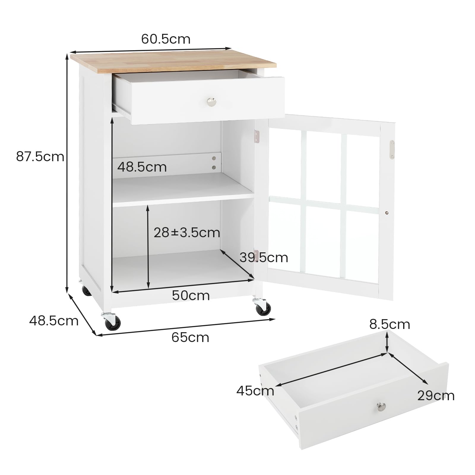 Giantex Carro de Cocina con Cajón y Puerta de Cristal Templado, Carro de Servicio con 4 Ruedas y Toallero, Estante Ajustable, 65 x 48,5 x 87,5 cm, Mueble Auxiliar para Comedor, Salón
