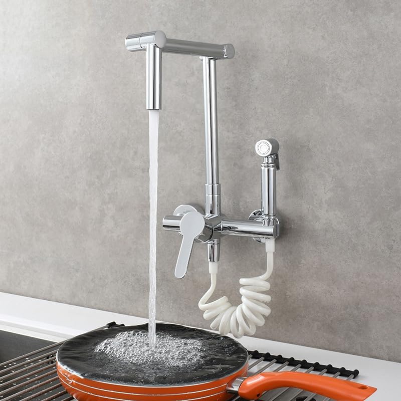 Wall Mounted Pot Filler Faucet with 360° Rotatable Spout Hot and Cold Water Kitchen Sink Mixer Tap Black Finish