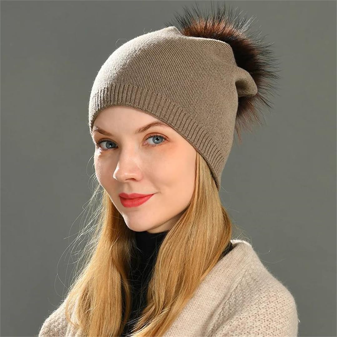 Gorros De Cachemira Para Mujer, Gorro De Punto Liso Con Pompón De Piel Grande, Gorros De Lana Cálidos Para Invierno