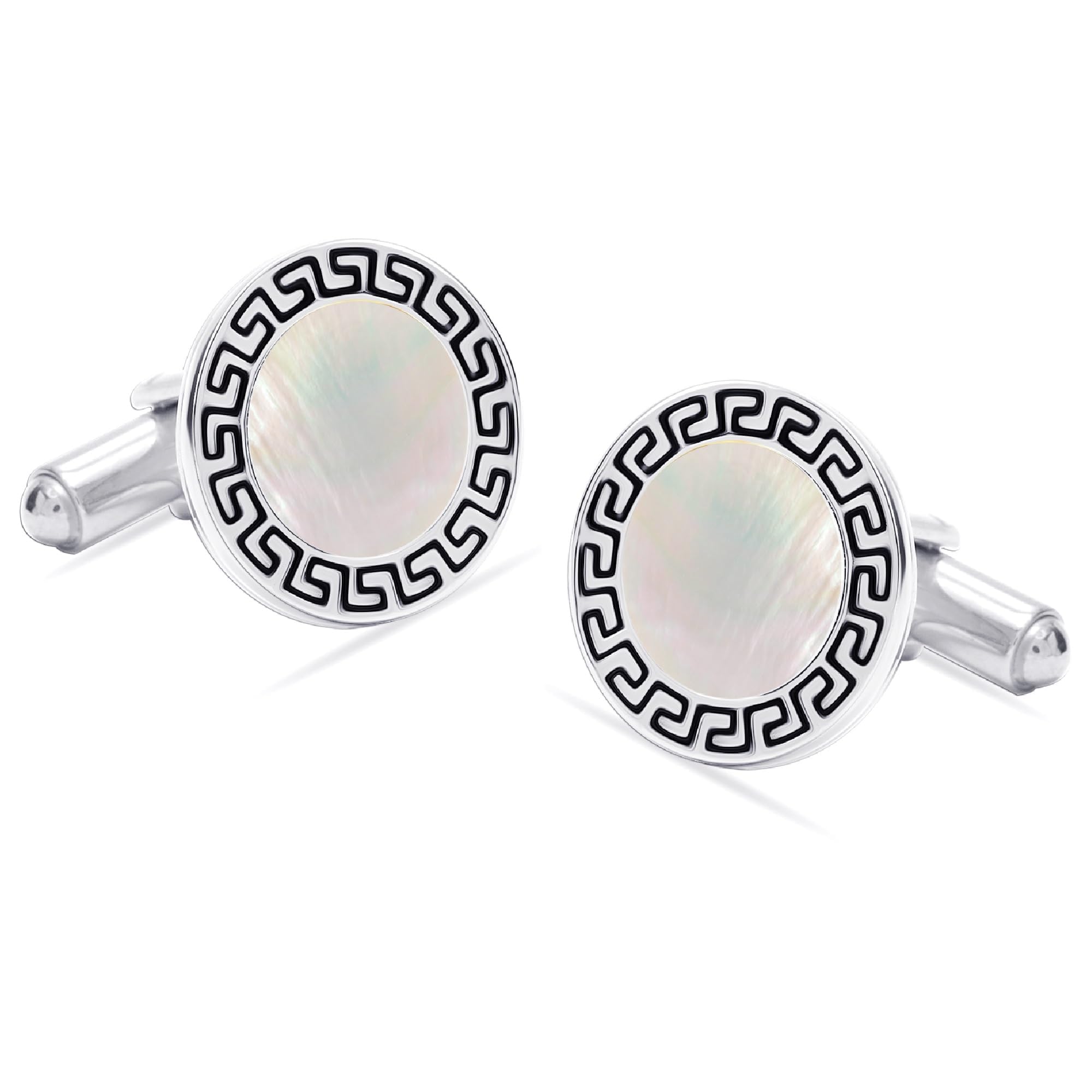 925 Sterling Silver Cufflinks for Men | BIS Hallmarked Mother of Pearl & Enamel Disc Cufflinks with Greek Key Frame | Cuff-Links Jewelry Gifts for Son, Father, Husband, Boyfriend-image-22