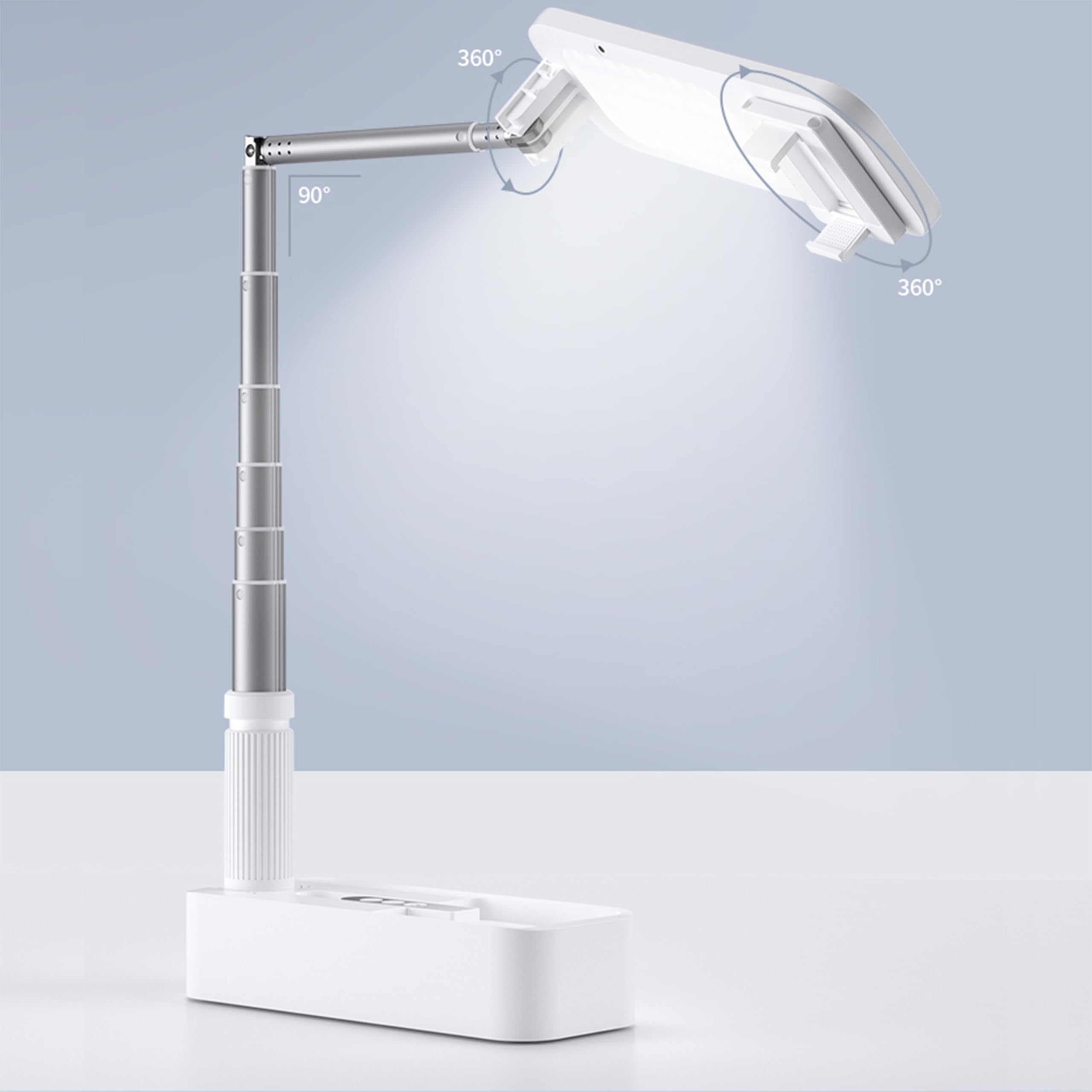 Orthotic Products We'll treat you well Soporte ajustable para teléfono con luz LED, batería de 1000 mAh, poste telescópico, rotación de 360°, control remoto Bluetooth, funda de viaje duradera, cable