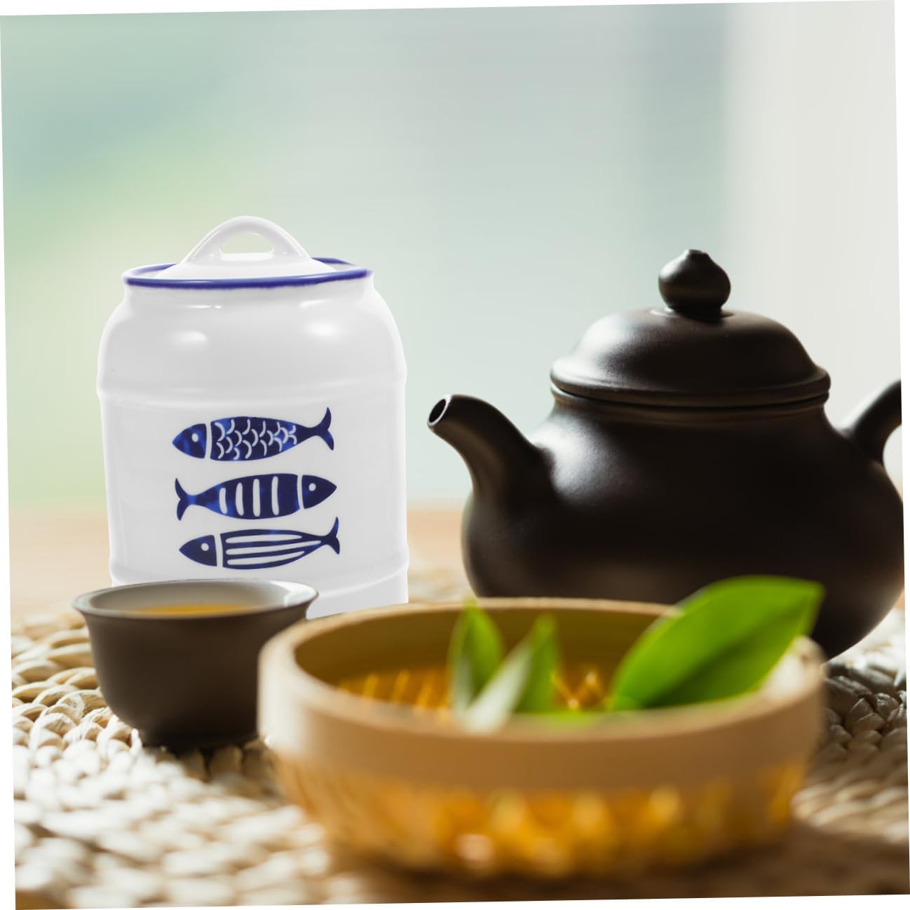 Ceramic Kitchen Canister 750Ml Blue Fish Design Multi-Purpose Food Storage Container for Grains Snacks Flour Sugar Countertop Organizer