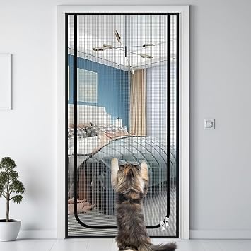 Reinforced Cat Screen Door 80 x 210 cm/31 x 83 in,Heavy Duty Pets Proof Screen Door with Double Zipper,Pets Scratch Proof Screen Prevent Dogs Cats from Running around for Living Room, Bedroom, Kitchen