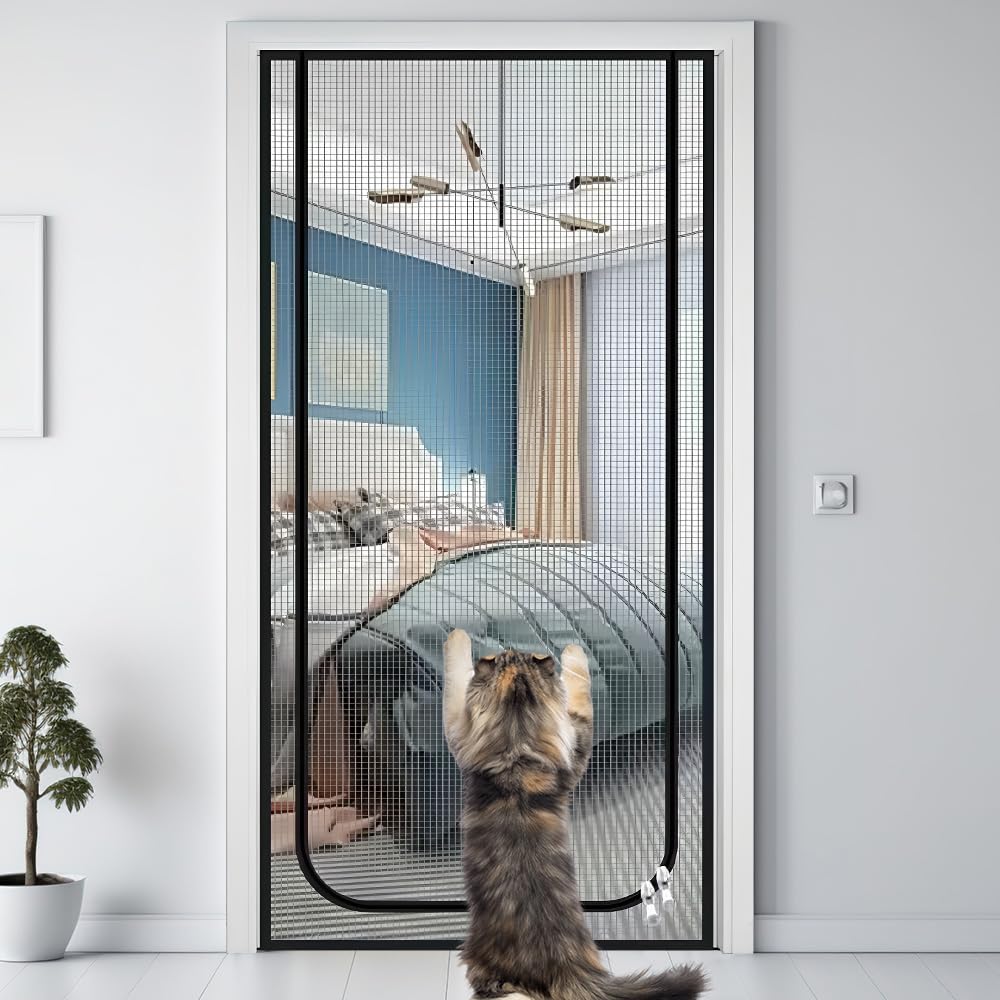 Reinforced Cat Screen Door 80 x 210 cm/31 x 83 in,Heavy Duty Pets Proof Screen Door with Double Zipper,Pets Scratch Proof Screen Prevent Dogs Cats from Running around for Living Room, Bedroom, Kitchen