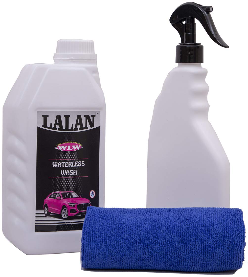 Lalan WLW - Waterless Wash (1000 ml), Microfiber Cloth and Spray Bottle|Waterless Car Wash & Wax |Quick Car Detailing | Cleans, Shines & Protects|Dry Wash Shiner,Ecological Formulation (Combo of 3)