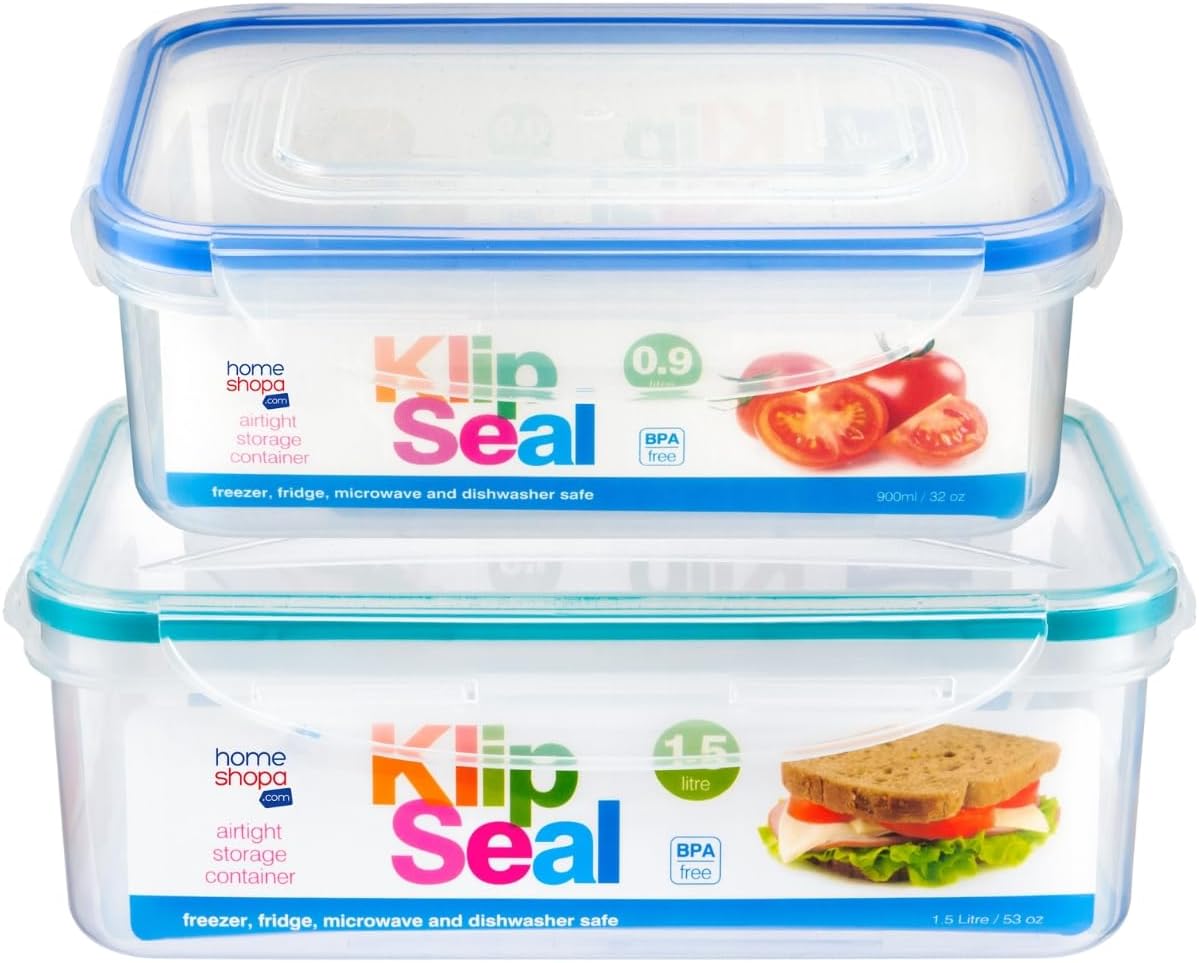 HOMESHOPA Plastic Airtight Food Storage Container, 2 Pack 1.5 Litre & 900ml Leakproof Rectangle Stackable, BPA Free Reusable Meal Prep Lunch Box, Microwave Freezer & Dishwasher Safe