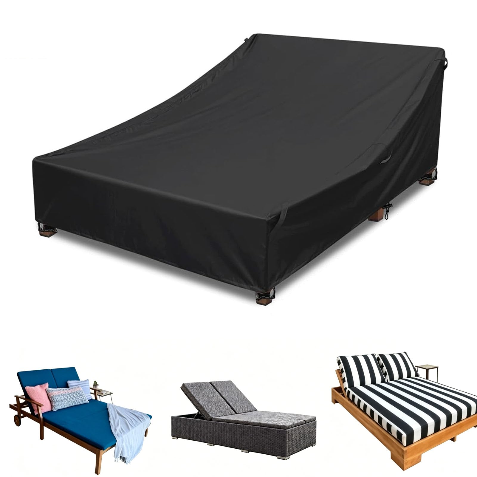 Waterproof Outdoor Garden Two People Sunbed Cover,Garden Sun Lounger Covers,Rattan Two People Sun Lounger Covers Heavy Duty Oxford Fabric Patio Sunbed Lounger Cover(Size:420D-209x145x28cm,Color:Black)
