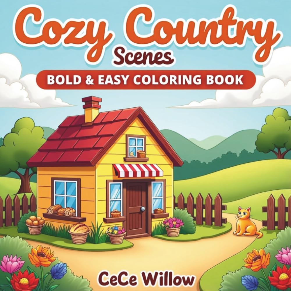 Cozy Country Scenes: Bold and Easy Coloring Book for Adults and Kids: Cute Scenes for Relaxation and Stress Relief