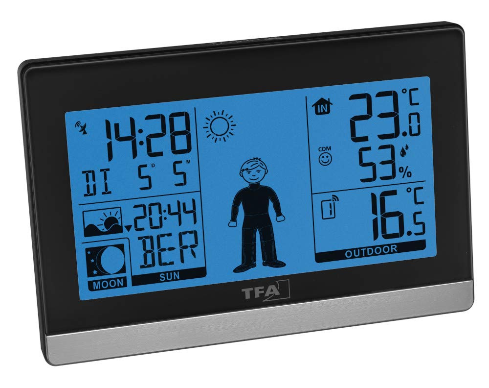 TFA Dostmann Stazione meteo radio Weather Boy, 35.1159, temperatura esterna/interna, previsioni meteo, fase lunare/sole e tramonti (nero con batterie)