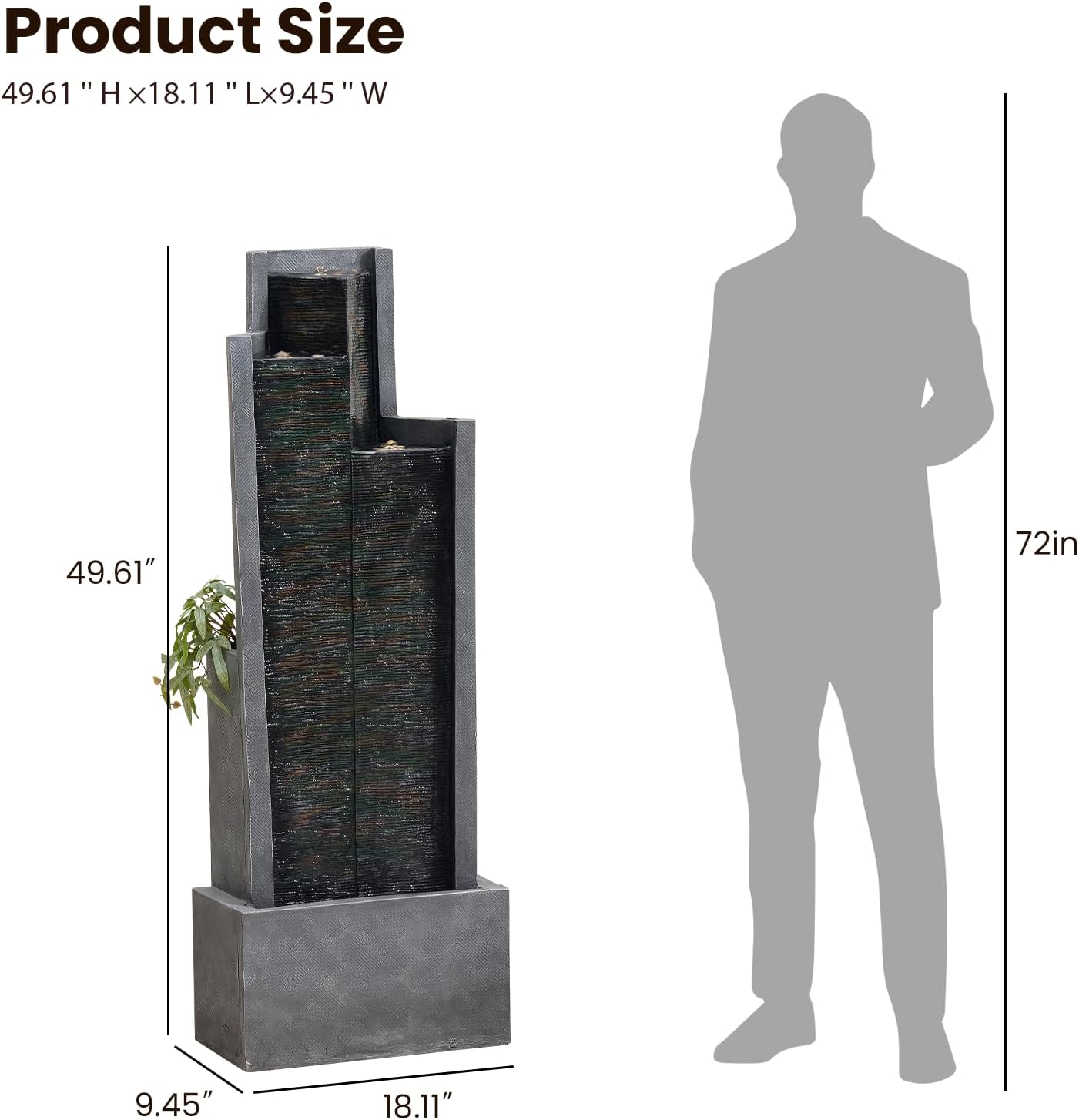Modern OutdoorWater Fountain,49.6" H Outdoor Garden Water Fountains Cascading Floor - Standing Tall Waterfall Outdoor Feature with LED Lights for Patio, Backyard, Deck, Porch and Home Art Decor