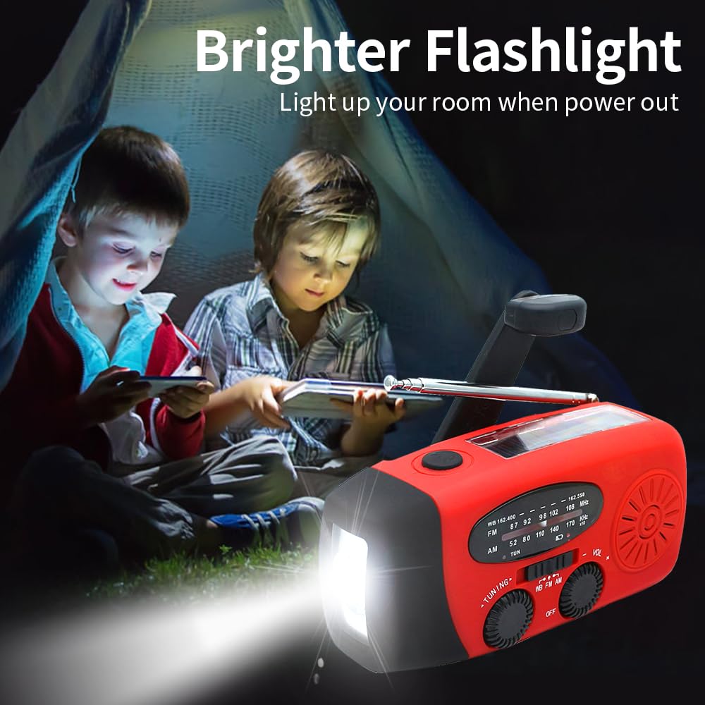 Radio di Emergenza con Manovella e Solare, Powerbank 2000mAh per Cellulare, Torcia LED con Allarme SOS, Radio AM/FM Portatile per Blackout, Tempesta, Campeggio, Escursionismo, Auto e Famiglia