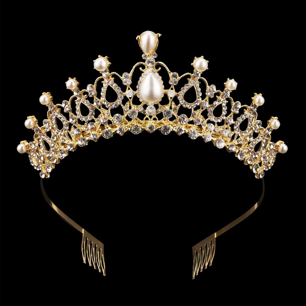 Pearl Rhinestone Tiara with Comb End, Gold