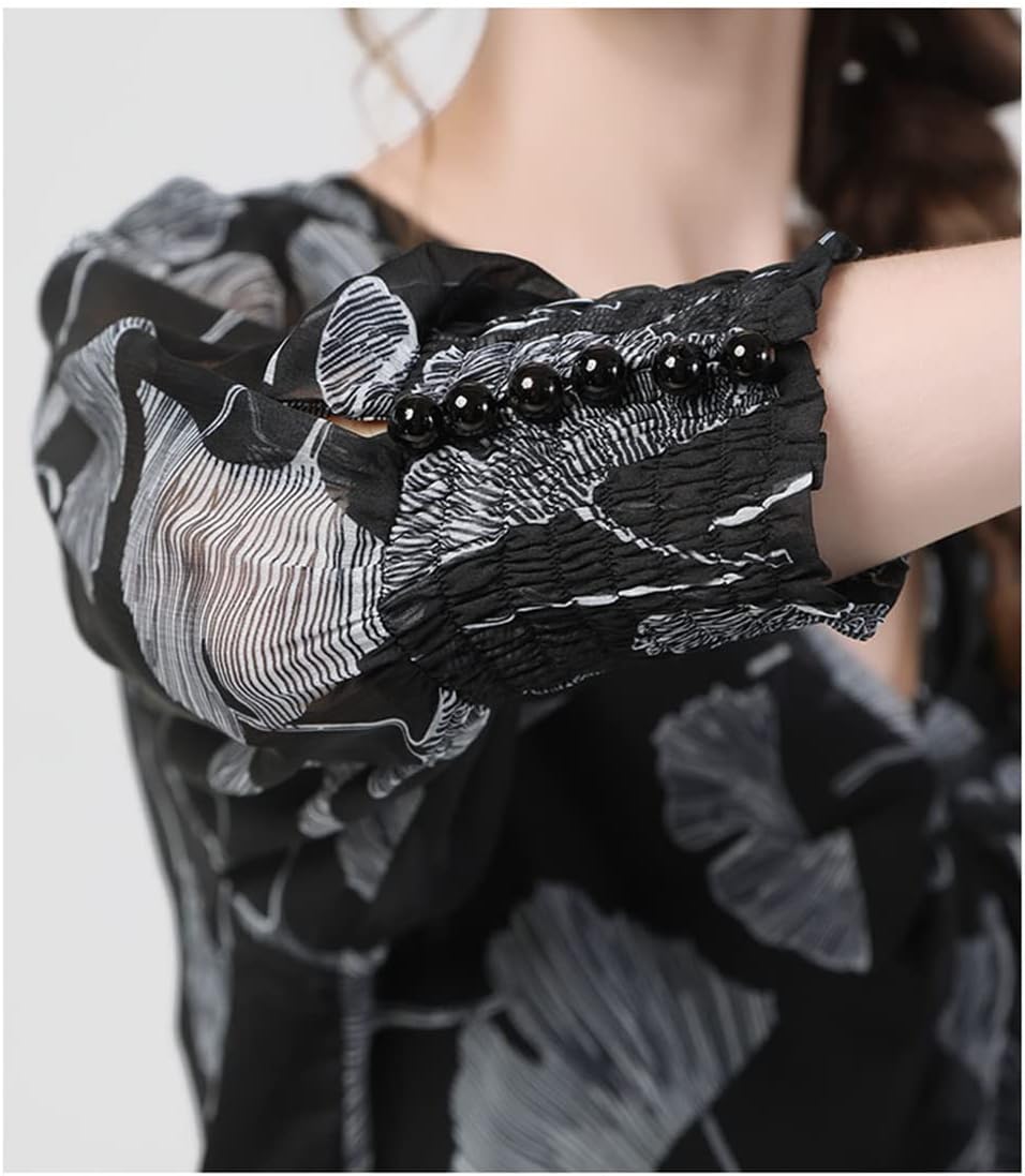 Leaves Printed Short Women Chiffon Tops Seven Sleeves Blouses Elegant Office Ladies Shirt