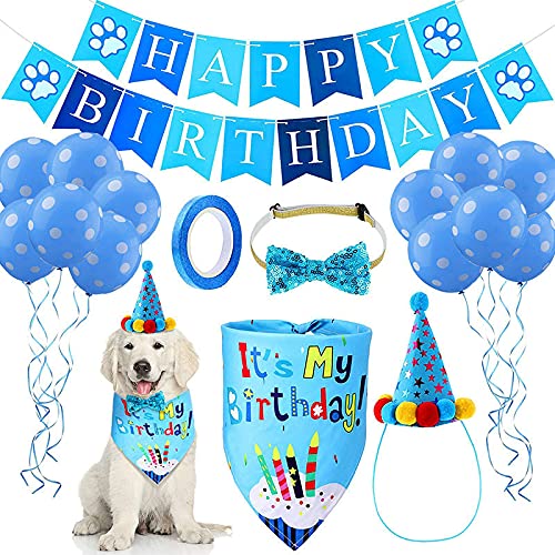 KUTKUT Dog Birthday Bandana Set | Dog Birthday Hat Dog Birthday Bandana Scarf | Shining Dog Bow Tie Collar | Dog Print Happy Birthday Banner and 10 Piece 12 Inch Paw Print Balloon with Tape for Dog (B095T36NW3) Amazon Price History, Amazon Price Tracker