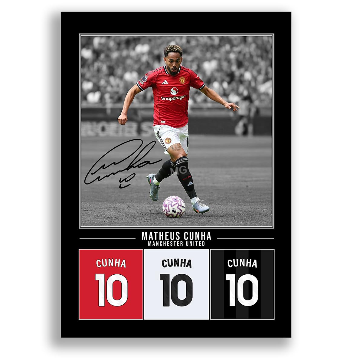Matheus Cunha Manchester United Signed Photo Poster Print Picture Display Framed Autograph Memorabilia for Football Fans Gift Man Utd Brazil (A3 Poster Only Black)