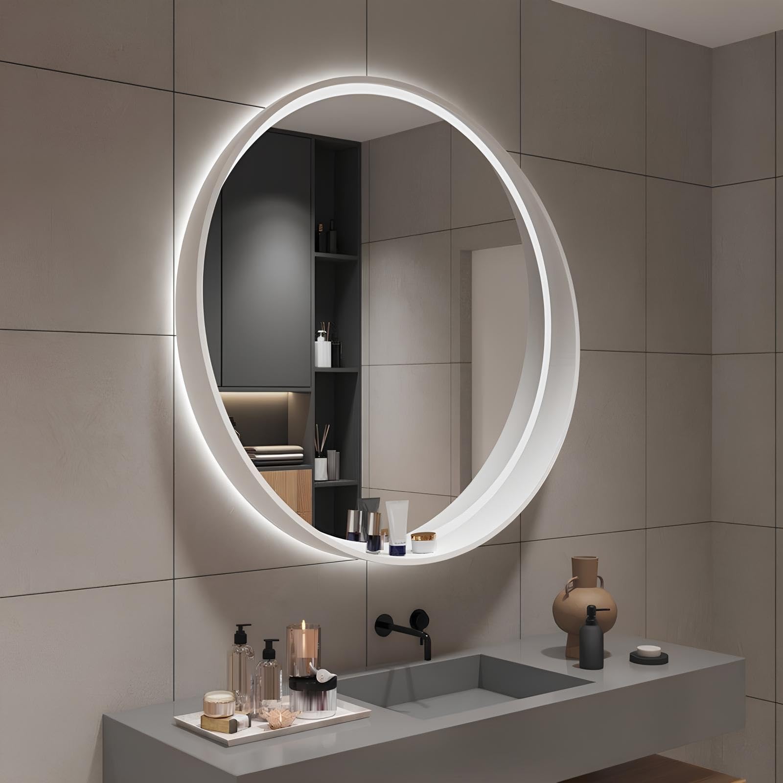 FGXHHS Bathroom LED Mirror with Shelf Storage 3Color Wall-Mounted Vanity Lights, 50cm/60cm/70cm(White,50cm/19.7in)