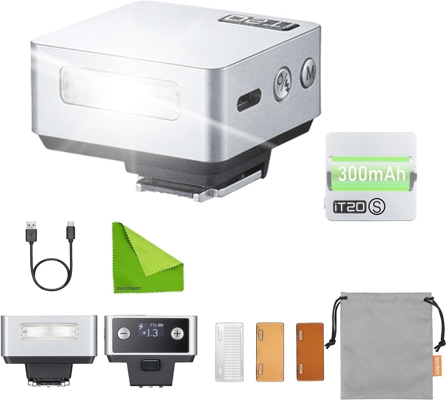 Godox iT20 S IT20S TTL Auto Mini Flash for Sony ZV-1 / ZV-E10 / ZV-1 II TTL/Manual Modes with USB-C Rechargeable 300mAh Battery,1.5s Recycle,Hot Shoe Triggering for Sony A7C A6400 A6000 (Silver)