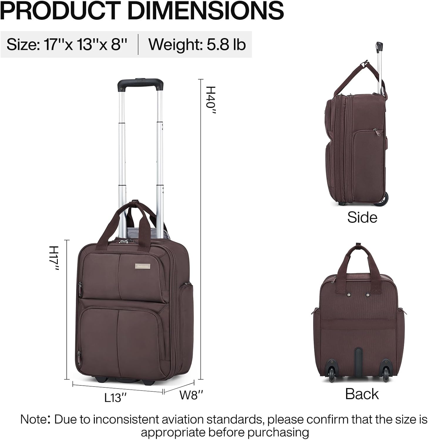 Hanke 16 Inch Underseat Carry On Luggage With Wheels, Small Rolling Suitcase Lightweight Under Seat Carry On Bag, Airline Approved Personal Item Overnight Softside Travel Luggage Bag,Coffee - Image 3