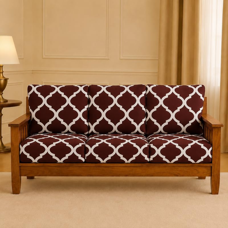 Brindha Enterprises Stretchable/Spandex Wooden Sofa Seat Cover Printed Stretchable Seat Slip Cover Protector for Wooden Sofa Set (3 Seater) Covers for Living Room (Beige Diomond_6pc)-picture-20