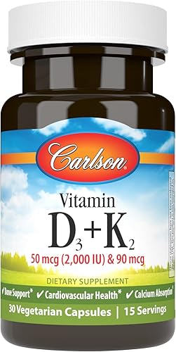 Carlson - Vitamina D3 + K2, 50 mcg (2000 UI) Vitamina D3 y 90 mcg de vitamina K2 como MK7, soporte óseo, absorción de calcio, 60 cápsulas