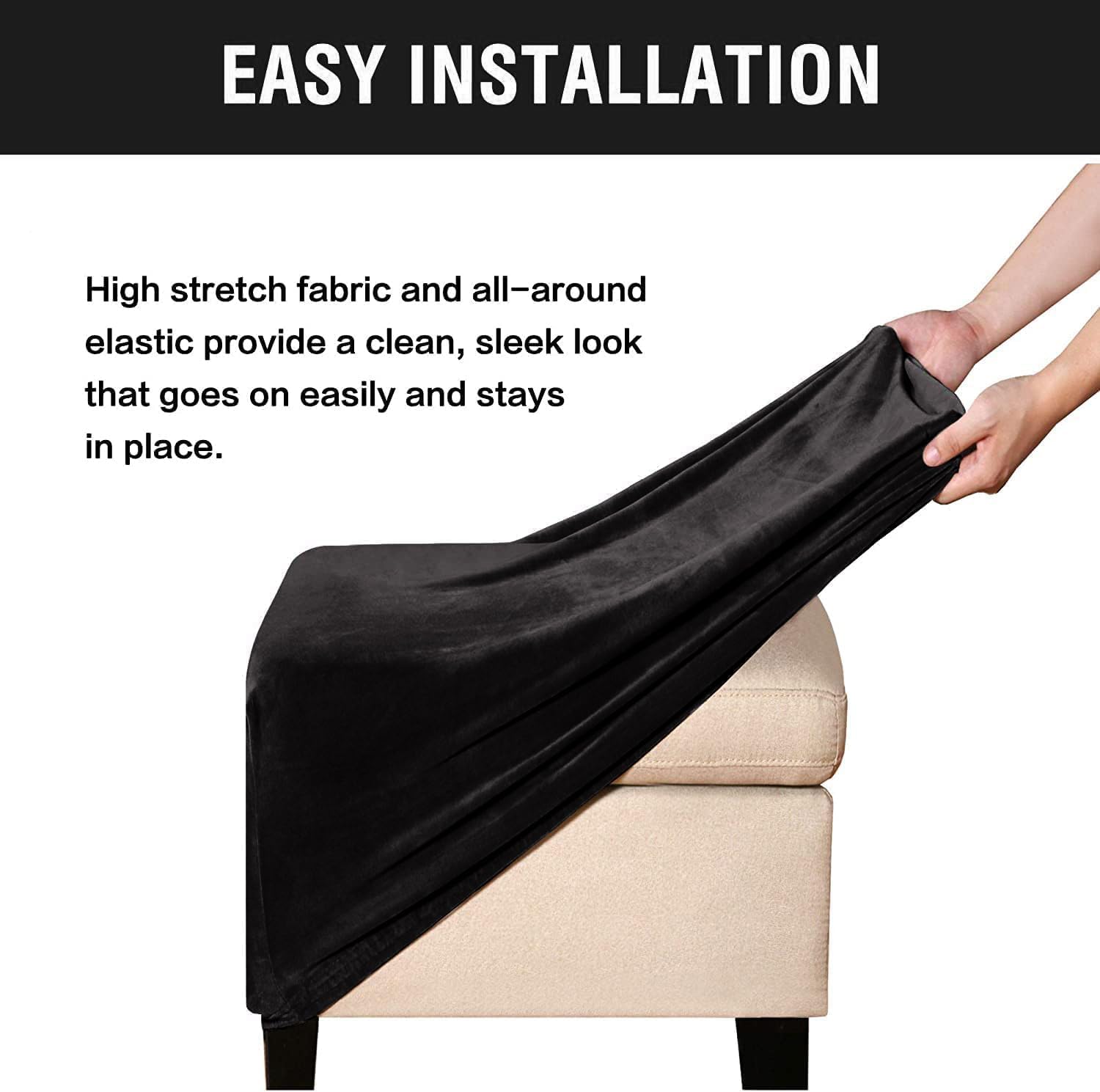 Square Velvet Ottoman Covers Ottoman Slipcover Footstool Protector Covers Storage Stool Ottoman Covers Stretch with Elastic Bottom, Feature Real Velvet Plush Fabric (X-Large,Jet Black)