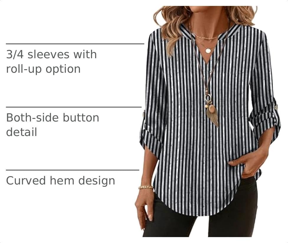 Image of XIEERDUO 3 /4 Length Sleeve Womens Tops V Neck T Shirts Both Side Buttons Blouses Business Casual Outfits Loose Fit