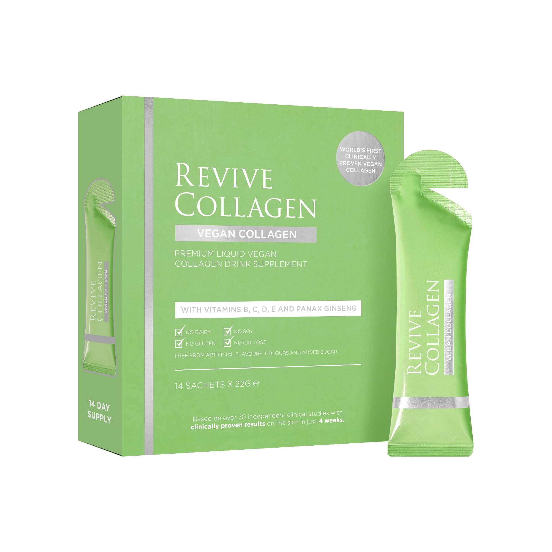 Revive Collagen2500mg Plant Based Vegan Collagen with Added Vitamin B, C, D & E, Improved Skin, Hair & Nails | Raspberry Flavour | (14 x Days (Eco))