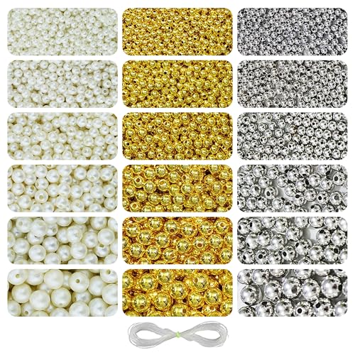 Image of 1800 Pcs Off White + 1800 Pcs Silver + 1800 Pcs Golden Beads for Jewellery Making Kit, Bracelet Making Set, Crafting, Beadwork, Pearls for Craft, Beading - Sizes 4, 5, 6, 8, 10, 12MM - 540g