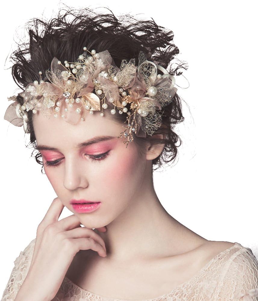 Art Deco Wedding Headpieces Vintage Inspired Bridal Headband Pearl Rhinestone Pink Art Deco 1920's Hair Vine (Pink)