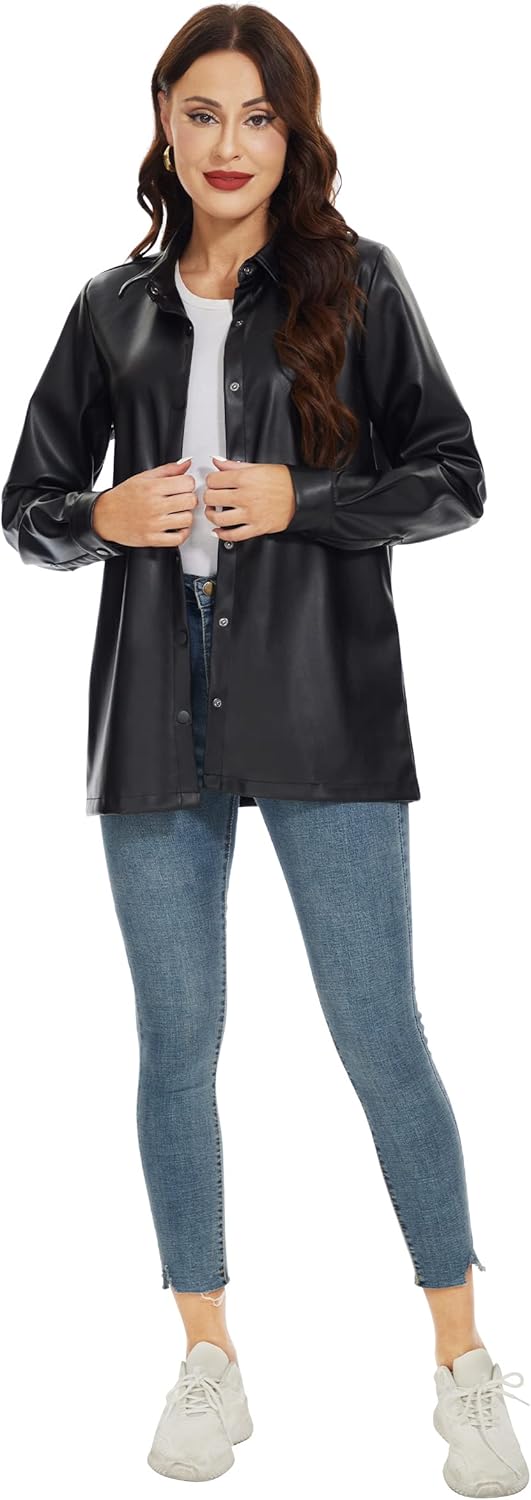Women Faux Leather Shacket, Moto Biker Shirts Loose Fit Blazer