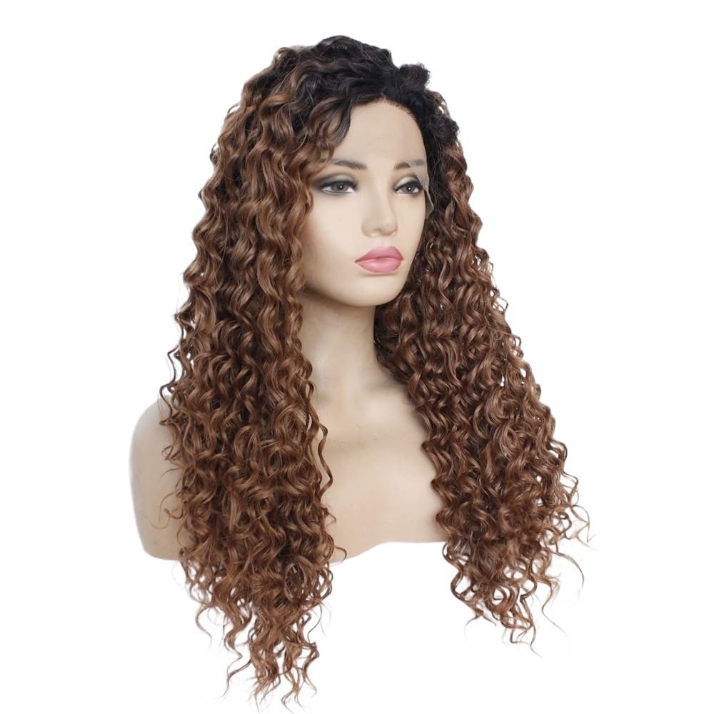 13 x 3 koronkowe peruki czarne ombre brązowe afro kręcone syntetyczne peruki dla kobiet do cienkich włosów (56 cm)