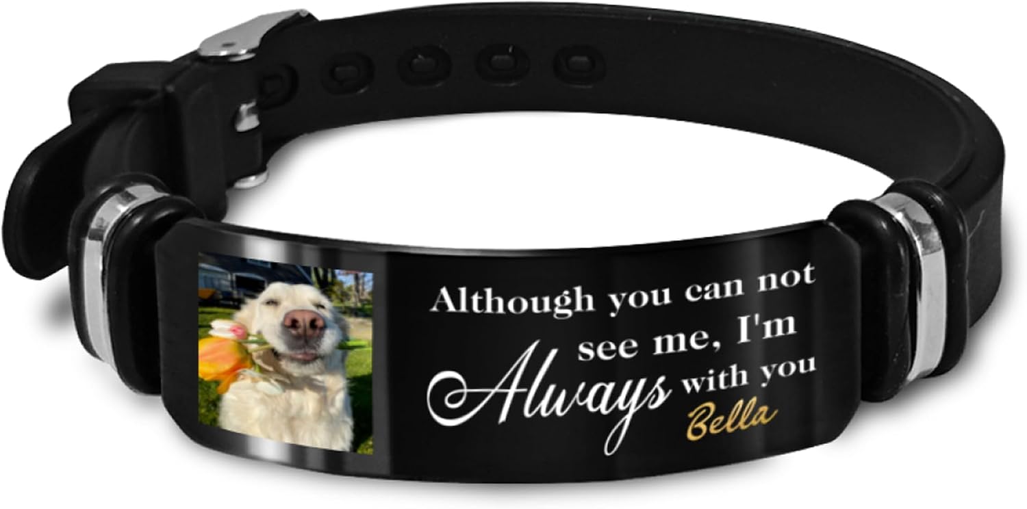 Personalized Pet Memorial Bracelet with Photo, Custom Engraved Message, Black Silicone Band